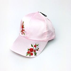 Rampage Pink Satin Floral Embroidered Baseball Cap